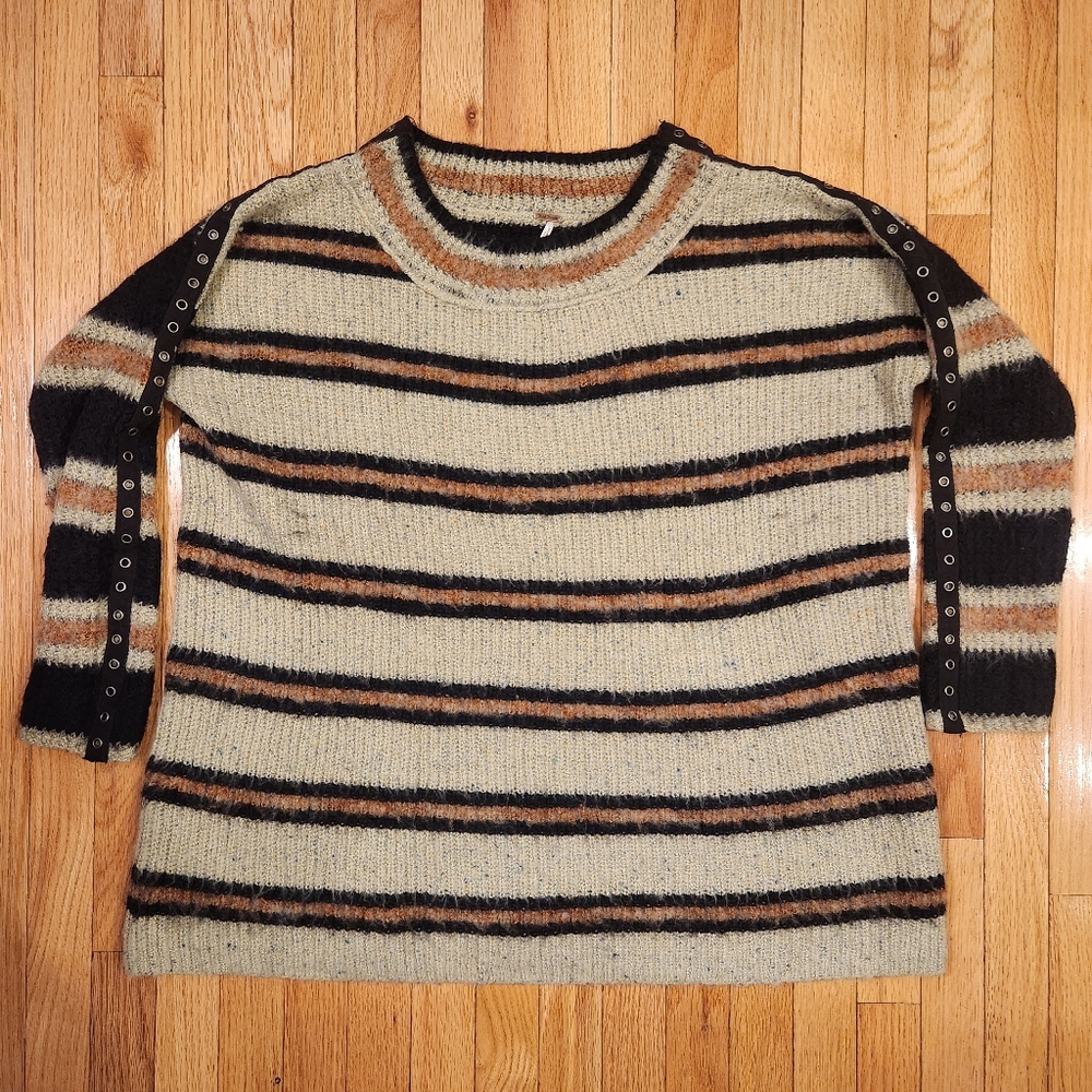 Free People Striped Oversize Sweater With Grommet Details